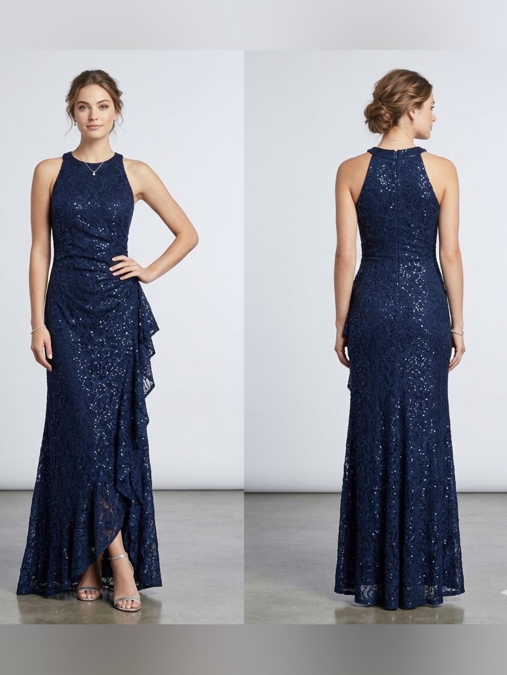 Alex Evenings Navy Blue Lace Sequin Evening Gown Sleeveless Ruched Side Sz 6
